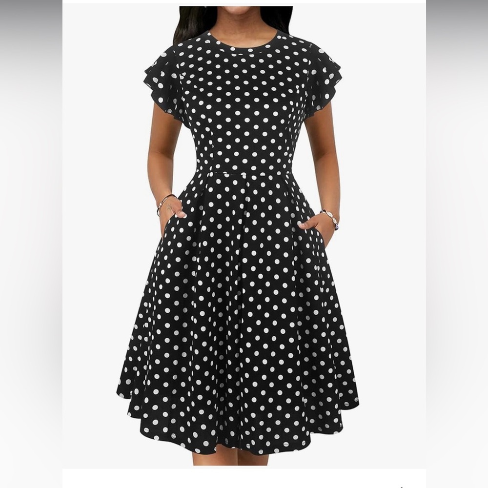 Women's short-sleeved black dress with white polka dots / M